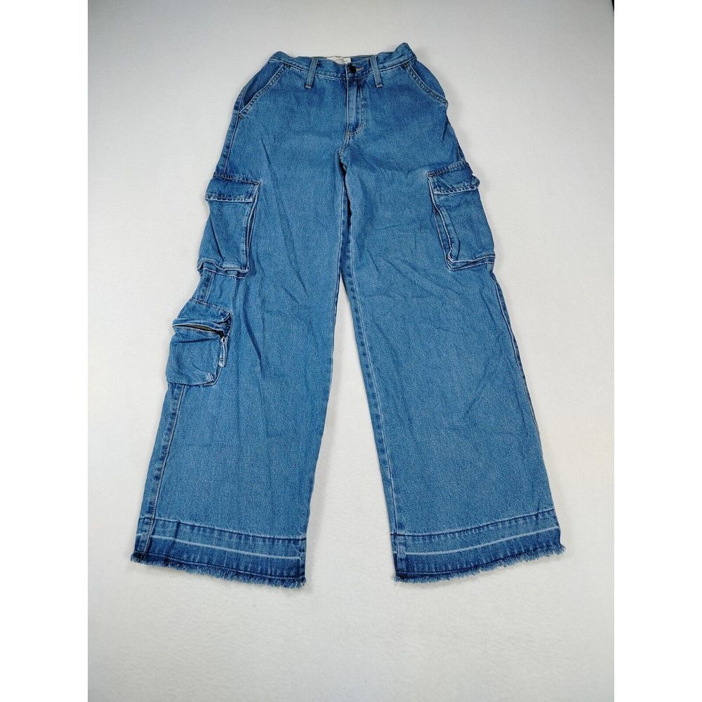 Universal Thread Jeans Women's 2R Blue Cargo Wide Leg Y2K Baggy Raw‎ Hem Pockets